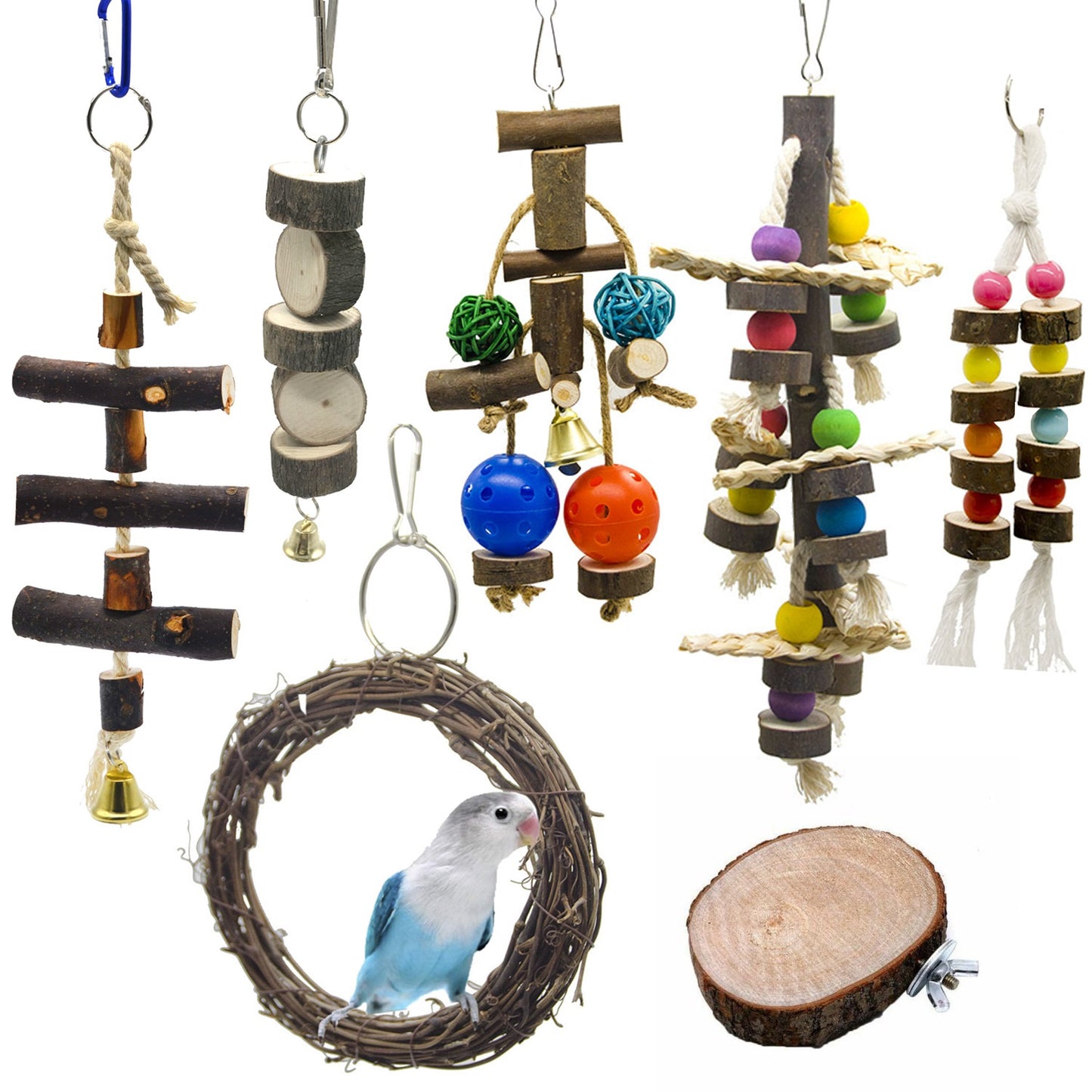 7-teiliges Kauspielzeugset aus Holz und Leder für Vögel