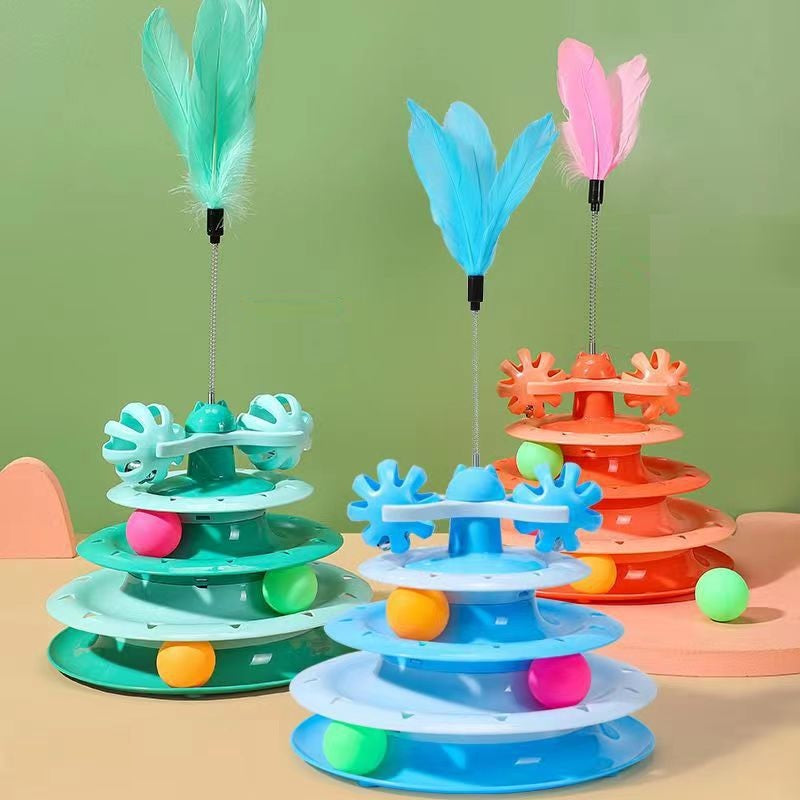 Four Layer Carousel Toy with Feather Teaser for Cats